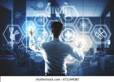 Back View Of Young Businessman Pressing Digital Medical Buttons On Blurry Interior Background. Touchscreen Concept. Double Exposure