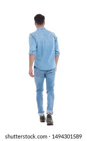 Back View Of Young Casual Man Wearing Denim And Walking, Standing Isolated On White Background, Full Body, Full Length