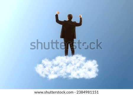 Back view of young caucasian businessman standing on cloud. Blue sky background. Dream big, business and strategy, forethought and vision concept