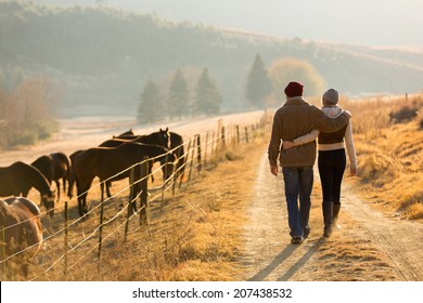 back view of young couple walking in farm road