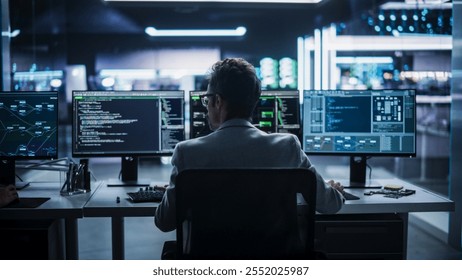 Back View of a Young Engineer Working on Computer in a Technological Office Environment. Male Programmer Writing Software Code for a Blockchain Project, Developing Backend System