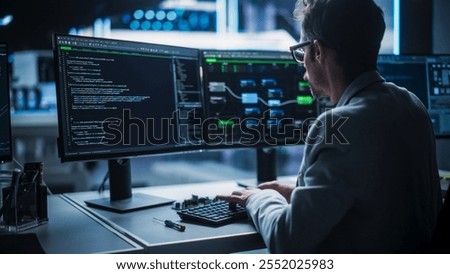 Back View of a Young Engineer Working on Computer in a Technological Office Environment. Male Programmer Writing Software Code for a Blockchain Project, Developing Backend System