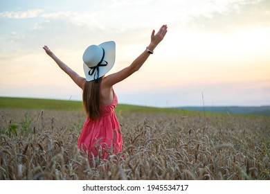Back view of young happy woman in red summer dress and straw hat standing on yellow farm meadow with ripe golden wheat raising up her hands enjoying warm evening.