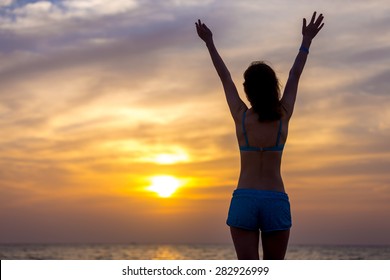 Back view of young joyful woman standing at sea shore with stretched arms, expressing happy emotions, enjoying beautiful landscape, looking at colorful sunrise or sunset sky, copy space - Shutterstock ID 282926999