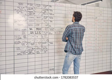 Back view of young man in checkered shirt looking at information on planner board at work
