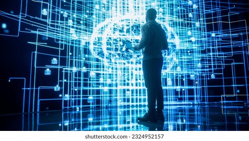 Back View of Young Man Looking at a Big Screen with Neural Network 3D Visualisation. Professional Computer Data Science Engineer Working in System Control and Monitoring Telecommunications