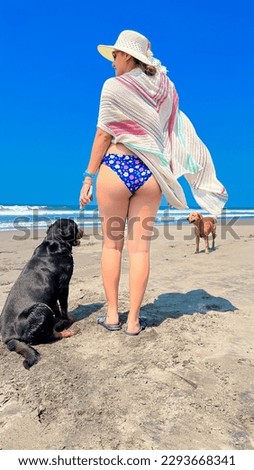 Back view of a young woman in bikini, with her dog on the beach, summer vacation concept