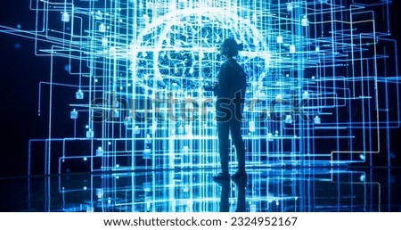 Back View of Young Woman Looking at a Big Screen with Neural Network 3D Visualisation. Professional Computer Data Science Engineer Working in System Control Room and Monitoring Telecommunications