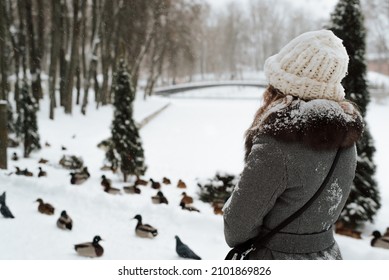 Back View Of Young Woman In Snow-covered Coat And Knitted Hat Walking In Winter Park, Copy Space. Rear View Of Lady Standing In Nature In Snowfall Next To Group Of Ducks.