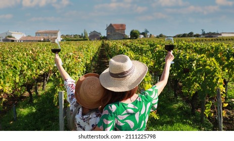 Back View Of Young Women Friends Drinking Red Wine,which Happy Moment In Vineyard In Summer	