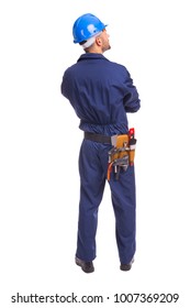 Back View Of Young Worker Standing On A White Background