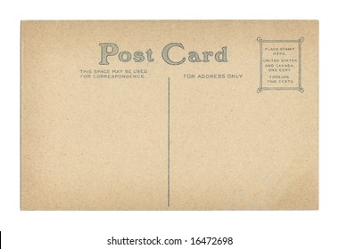 Back of vintage postcard isolated on a white background.