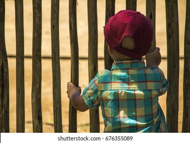 Back viwe of a boy looking through a fence.