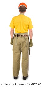 Back Of Welder In Apron. Isolated On A White Background.