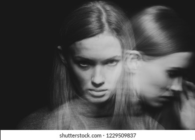 Back And White Multiple Exposure Of Beautiful Young Woman With Mood Disorder