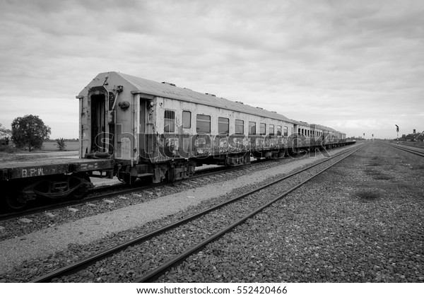 Back and white old\
classic train in railway