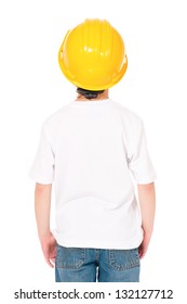 Back White T-shirt On A Cute Boy In Yellow Hard Hat, Isolated On White Background