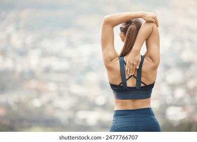 Back, woman and stretching arms for fitness, training and exercise for wellness with balance. Outdoor, female runner and warm up as preparation, get ready and sports challenge with mockup space - Powered by Shutterstock