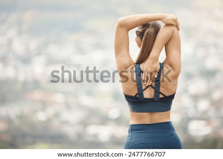 Back, woman and stretching arms for fitness, training and exercise for wellness with balance. Outdoor, female runner and warm up as preparation, get ready and sports challenge with mockup space