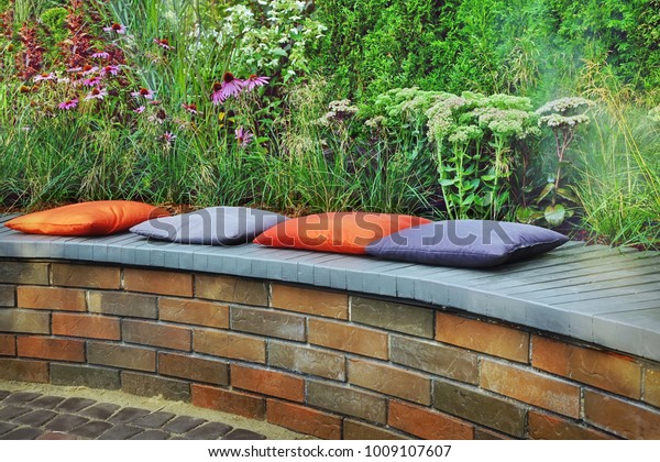 Back Yard Patio Brick Wood Bench Stock Photo Edit Now 1009107607