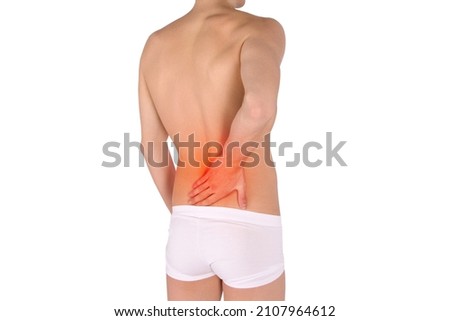 Backache. Back pain concept, man suffering from backache, red inflamed zone. Pain in the man's body with red dots isolated on white background. Joint pain.