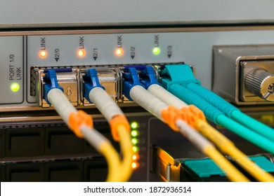 Backbone High-speed Internet Communication Channels. Fiber Optic Cables Are Connected To The Interfaces Of The Central Router. Modern Equipment Of The Data Processing Center