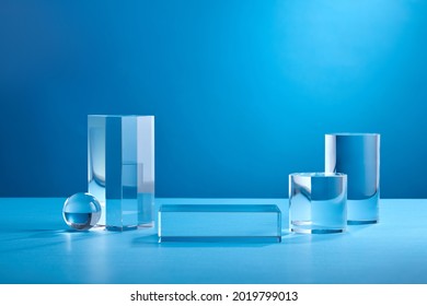 Backdrop Illustration For Advertising Cosmetics, Products, Museum Expansions. Simple Blue Light Background. Glass Abstract Background With In Pastel Blue Color For Product Presentation