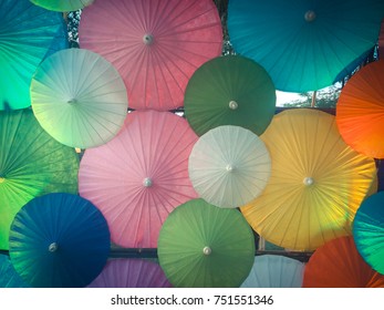 The backdrop made of umbrellas and shining.
