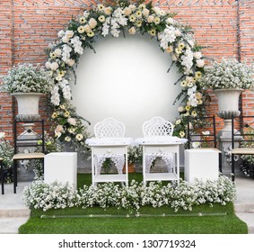 Backdrop Wedding Romantic Flower Decoration Beautiful Flowers Bouqet White And Yellow / Wedding Background  Chrysanthemum And Orchid On Brick Wall