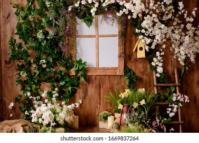 Backdrops for photo studio with spring decor for kids and family photo sessions. - Shutterstock ID 1669837264