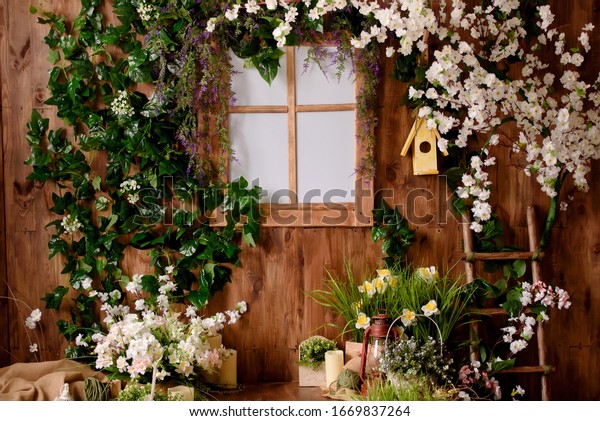 Backdrops for photo studio with spring decor\
for kids and family photo\
sessions.