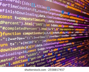 Backend code can be used as background. Colorful digital technology modern background. Backend programming, software development concept. Colorful programming php and html code on a monitor.