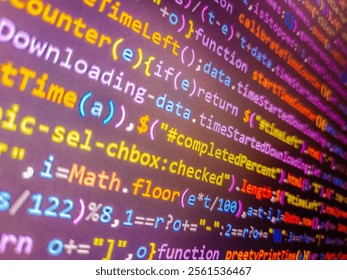 Backend code can be used as background. Coding programming source code screen. Definition highlighted. Programming code with black background. Computer problems concept. Javascript code.
