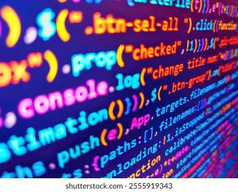 Backend programming, software development concept. Developer display with source code. Stock market graph and ticker with blue screen for stock exchange analysis. Closeup of package.