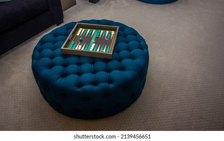 Backgammon Game Of Blue Upholstered Ottoman