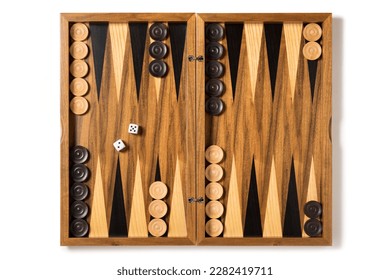 Backgammon game set over white background.