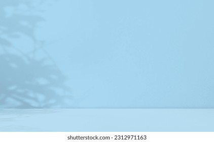 Backgound blue Summer Studio Room,Light Shadow Color Leaf on Wall Loft blur Cement Marble Backdrop,Table Product Cosmetic Aesthetic Tropical,Overlay Abstract Pastel Podium Mockup Minimal Space. 