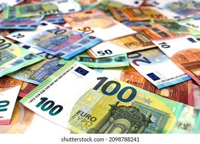 Background of 10, 20, 50 and 100 euro banknotes beautifully laid out. Euro money. Close up view.