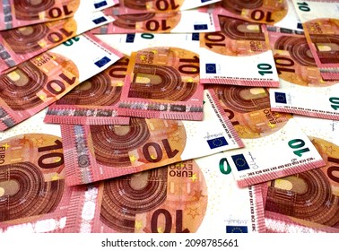 Background of 10 euro banknotes beautifully laid out. Euro money. Close up view.