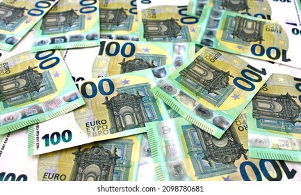Background of 100 euro banknotes beautifully laid out. Euro money. Close up view.