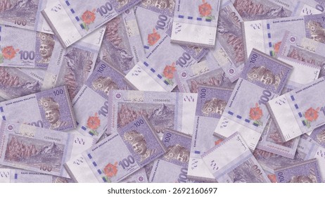 Background of 100  Malaysia Ringgit bills,Group of money stack of 100 Ringgit banknotes a lot of the background texture, top view