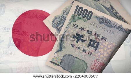 Background of 1000 Japan Yen Front and back banknote on the Flag of Japan of the background texture, top view