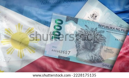 Background of 1000 Piso Philipines Front and back banknote on the Flag of Philipines of the background texture, top view