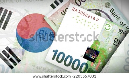 Background of 10000 Won Front and back banknote on the Flag of South Korea of the background texture, top view