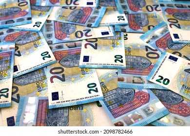 Background of 20 euro banknotes beautifully laid out. Euro money. Close up view.