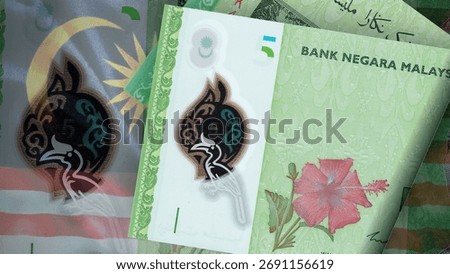 Background of 5 Ringgit Malaysia Front and back banknote on the Flag of Malaysia of the background texture, top view