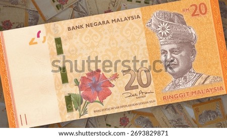 Background of 50 Ringgit Malaysia bills,Group of money stack of 50 Ringgit banknotes a lot of the background texture, top view