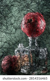 Background of abstract interwoven plastic thread against a backdrop of various objects