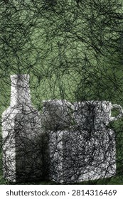 Background of abstract interwoven plastic thread against white objects