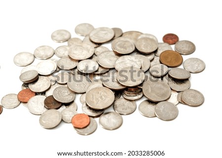 Background of American coins of different values and times, quarter dollar, cent and one dollar coinage, vintage retro, United States of America currency isolated on white background